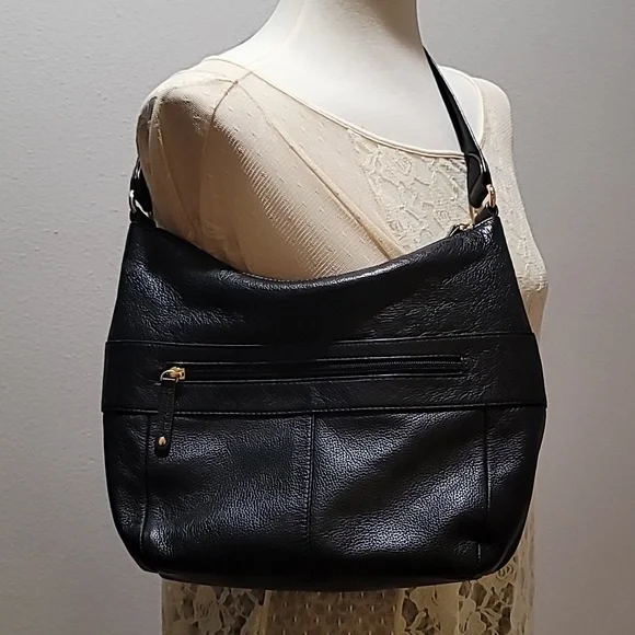 Tignanello Black Leather Bikercore Bohemian Hobo Shoulder Bag Satchel PurseTote - Picture 2 of 16